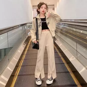 Весенне-осенний костюм для девочек, повседневные брюки с широкими штанинами, тренд из двух предметов 100 серый