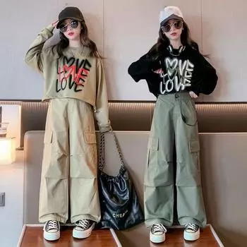 Spring and Autumn Girls Letter Printed Long Sleeve T-shirt Cargo Pants Two-piece Set 170 чёрный