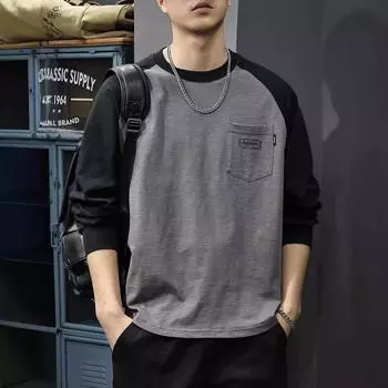 Футболка с длинным рукавом из плотного бамбукового хлопка на весну и осень, мужской свободный топ с американским карманом, осенний контрастный цвет, рваный свитер M
