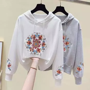 Весна и осень Высококачественная тяжелая промышленность Вышивка Обновление Толстовка Пальто Женские Трендовые Ins S белый