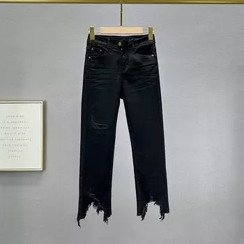 Spring and Autumn High Waist Silm Slim Looking Asymmetrical Denim Black EUR27