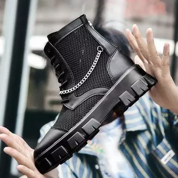 Spring and Autumn Hollow Breathable Casual Shoes Teen Outdoor Leather High Top Mesh Boots Men s Trendy Fashion Leather Boots 39