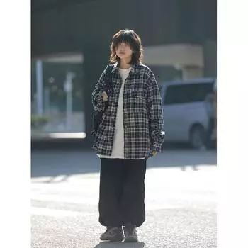 Spring and Autumn Hong Kong Style Plaid Shirt Men s Pu Handsome High-Grade Long-Sleeved Shirt Fashion Trendy Brand Japanese Style Inner Coat M чёрный