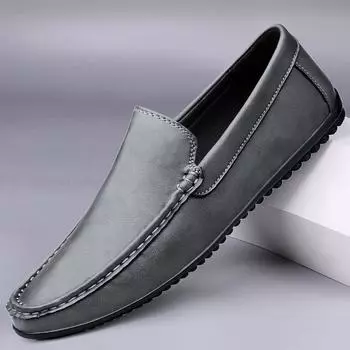 Spring and Autumn Italian Grey Loafers Leather Soft Bottom Breathable Fashion Leather Shoes Casual Moccasin Men Business Shoes 38 чёрный