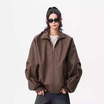 Spring and Autumn Japanese Retro Solid Color Stand Collar Jacket Unisex Japanese Trend Youth Style Raglan Vertical Striped Loose Couple Coat M коричневый