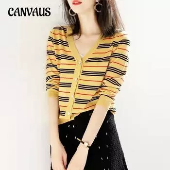 Весенне-осенний вязаный кардиган с V-образным вырезом в полоску с цветными блоками, утягивающая блузка, куртка One Size хаки