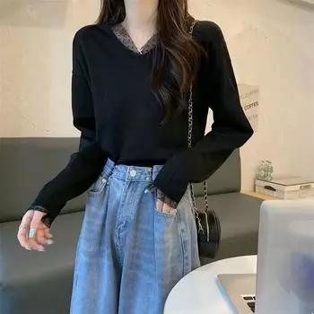 Spring and Autumn Lace V-neck Long Sleeve Knitted Shirt for Women Bottom Black Top Sweater S абрикосовый