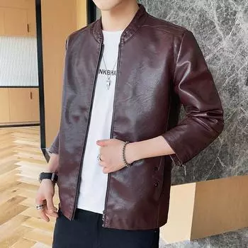 Весенне-осенняя мужская кожаная куртка в корейском стиле, повседневная куртка с воротником-стойкой, красивая мужская кожаная куртка зеленого цвета в стиле мотоцикла M