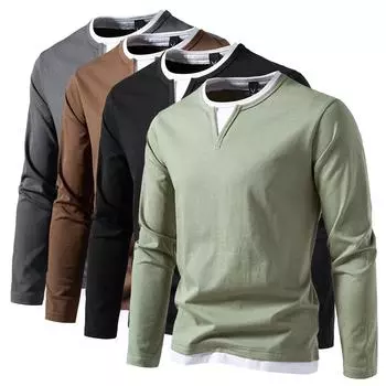 Spring and Autumn Men s Casual Fake Two-piece V-neck Long-sleeved T-shirt XXL чёрный
