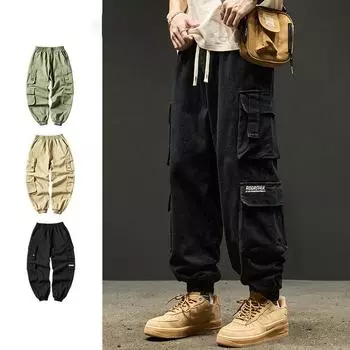 Мужские повседневные брюки с множеством карманов и манжет на весну и осень XXXXL чёрный