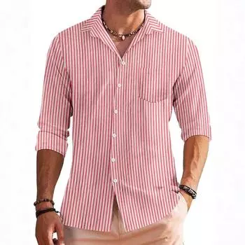 Spring and Autumn Men s Casual Striped Long Sleeved Shirt S красный