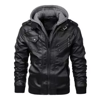 Spring and Autumn Men s Jacket PU Hooded Jacket Men s European and American Youth Leather Jacket Fake Two-piece Jacket Men S коричневый