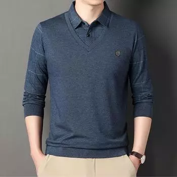 Spring and Autumn Men s Long Sleeve Fake Two-Piece T-Shirts Middle-Aged Lapel Casual Plaid Polo Shirt Tops M