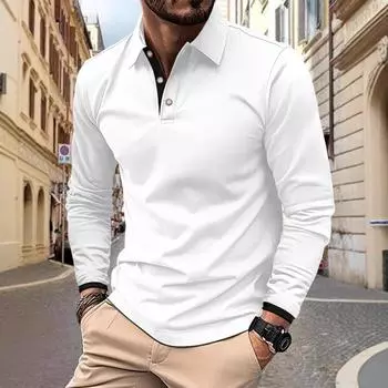 Spring and Autumn Men s Long Sleeved Casual Sports Polo Shirt S белый