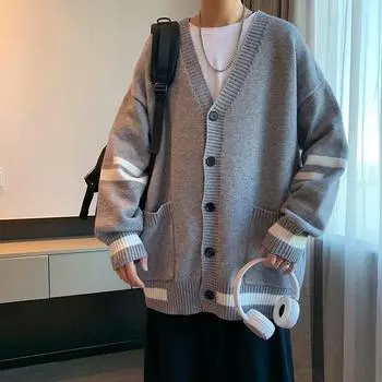 Spring and Autumn Men s Loose Casual All-match Base Knitted Cardigan Sweater S чёрный