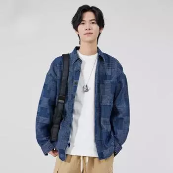 Spring and Autumn Men s Plaid Lasel Loose Casual Shirt M чёрный
