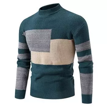Spring and Autumn Men s Sweater Fashion Contrasting Color Splicing Semi-turtleneck Warm Knitted Sweater M