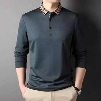 Spring and Autumn Men s T-shirt New Style Young and Middle-aged Casual Thin Lapel Bottoming Solid Color T-shirt M