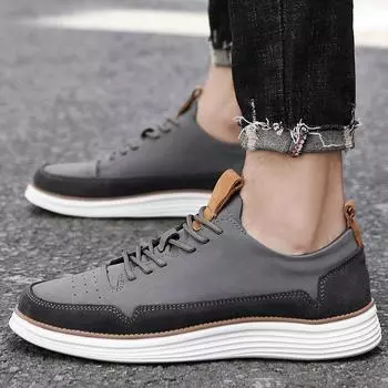 Spring and Autumn Men s Trend Lace Up Black Gray Casual Board Shoes Genuine Leather Men Casual Soft Sneakers Breathable Sneakers 38 чёрный