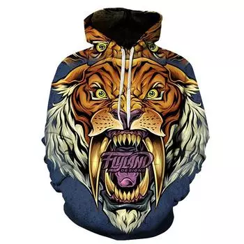 Spring and Autumn New Anime Wolf and Tiger Series 3D Printing Men s Loose Casual Hooded Sweater S