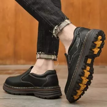 Spring and Autumn New Casual Men s Shoes Genuine Leather Platform Business Big Head Leather Shoes Men s Waterproof All-Matching Work Shoes 38 коричневый