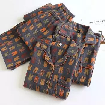 Весна и осень Новый парный пижамный комплект из 100% хлопка с длинными рукавами для мужчин и женщин, два предмета, симпатичная домашняя обстановка M