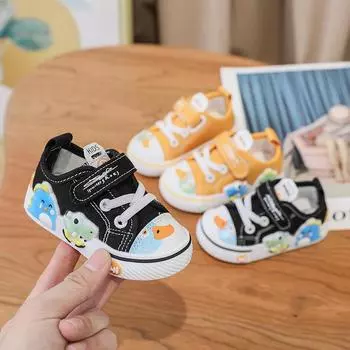 Spring and autumn new crown toddler shoes soft sole children s canvas shoes Velcro cute cartoon little dinosaur baby shoes Inner Length 12.0cm 15 жёлтый