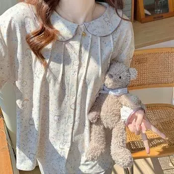 Spring and Autumn New Doll Collar Cardigan Long-Sleeved Pajamas Homewear Set for Girls Students Cartoon Pajamas Homewear M синий