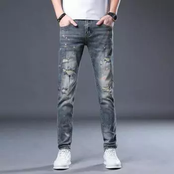 Spring and Autumn New Embroidery Men s Trousers Elastic Casual Printed Jeans Men s Trousers Tide Slim Small Leg Trousers 28 синий