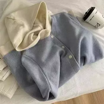 Spring and autumn new fake two-piece color matching hooded knitted cardigan women s loose soft waxy lazy style women s top cardigan trend S/80-95 светло-серый