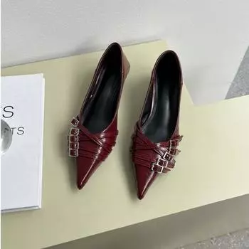 Spring and autumn new fashion pointed low heel women s shoes, with belt buckle lightweight slip ballet elegant high heels 35 вино красного