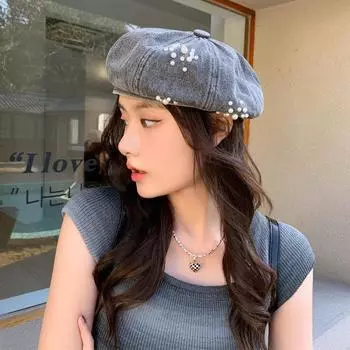 Весенне-осенняя новая шляпа женская маленькая ароматная ветровая жемчужина декоративный джинсовый берет высокая чувственность универсальная шляпа художника прилив Average size