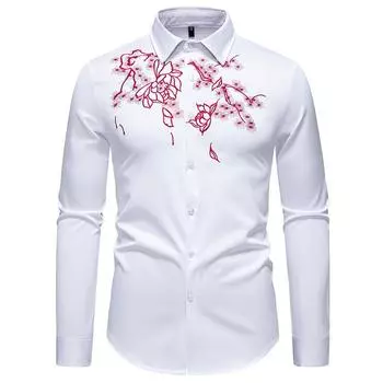 Spring and Autumn New High Quality Men s Floral Embroidered Long Sleeve Shirt Youth Cardigan S