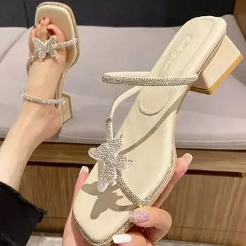 Весенне-осенние новые корейские сандалии с открытым носком, женская обувь со стразами и бантом, на толстом каблуке с перемычкой для пальца, туфли на высоком каблуке 35