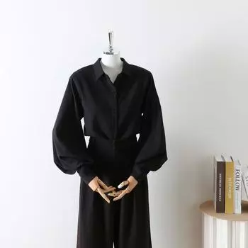 Spring and Autumn New Lantern Sleeve White Shirts Women s Long Sleeve Sanding Top Korean Style Hong Kong Flavor Polo Collar Bow Shirt Black single shirt XL