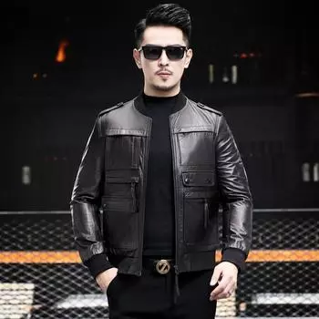 Spring and Autumn New Leather Jacket Men s Stand-Up Collar Short Baseball Collar Motorcycle Leather Jacket Thin Slim Jacket L чёрный