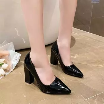 Spring and Autumn new low-top work women s shoes Korean version thick heel solid color light mouth pu pointed high heel women s shoes large siz 35 красный