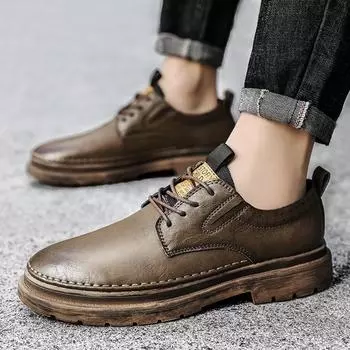 Spring and Autumn New Men Genuine Leather Casual Shoes Designer Leisure Flats Skateboard Shoe Cow Leather Youth Lace-up Sneakers 39 хаки