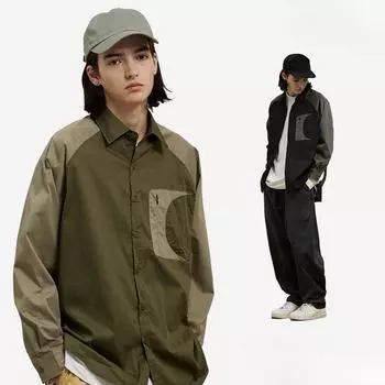 Весна и осень, новая мужская универсальная рубашка свободного покроя с цветными блоками и рукавами реглан и лацканами M чёрный