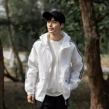 Весна и осень новая мужская куртка с тремя полосками, солнцезащитная ветровка, ветрозащитная спортивная куртка с капюшоном для пар XS