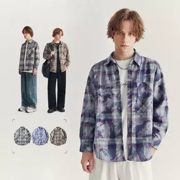 Spring and Autumn New Men s Loose Lapel Cardigan Long Sleeve Plaid Shirt S синий