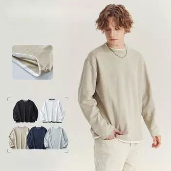 Spring and Autumn New Men s Loose Round Neck Contrast Color Inner Long Sleeve Base Shirt S белый