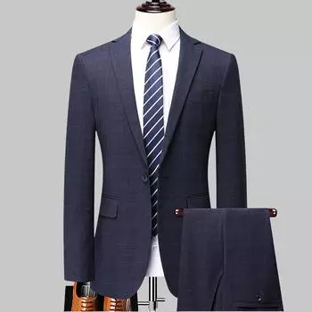 Весна и осень новый мужской костюм деловой узкий клетчатый костюм из двух частей свадебное платье жениха групповой костюм M тёмно-синий