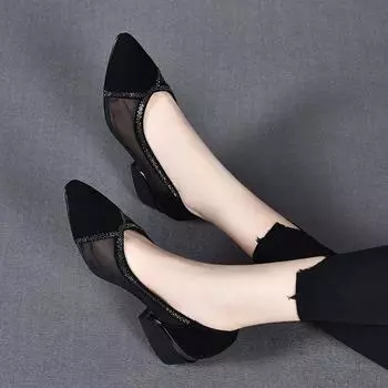 Spring and Autumn new mesh single shoes black sheepskin rhinestone women s shoes pointed flat-soled stiletto shoes 35