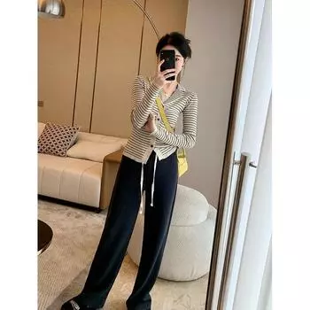 Spring and Autumn New Polo Collar Striped Knitted Cardigan Coat Women s Bottom Shirt Design Sense of Niche Long-sleeved Top One size