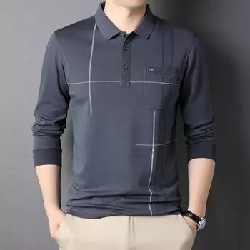 Весна и осень Новые полосатые мужские футболки с лацканами для молодежи и мужчин среднего возраста Модные повседневные рубашки с длинными рукавами Футболки M