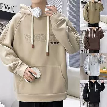 Весна и осень, новый стиль, свитшот с капюшоном и объемной вышивкой для мужчин, универсальный, модный, однотонный, куртка с длинными рукавами, свободный M