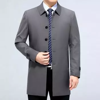 Spring and Autumn New Style Mulberry Silk Men s Windbreaker Lapel Mid-length Solid Color Middle-aged Business Casual Jacket 170