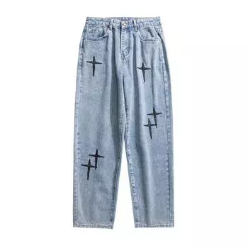 Spring And Autumn New Trendy High Street Cross Patch Embroidered Loose Jeans Hip-hop Straight Casual Trousers Men s Large Size S светло-синий