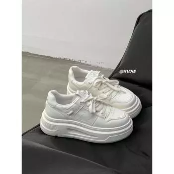 Spring and autumn new trendy lightweight non-slip thick sole heightening casual board shoes leather white shoes women 35 бежевый